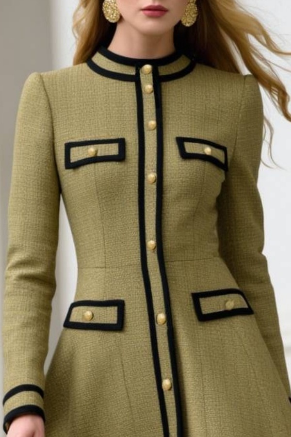 Work A-Line Dress Green Crew Neck Long Sleeve Knee-Length Dress