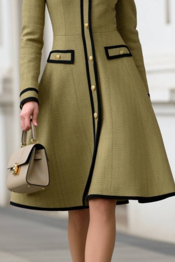 Work A-Line Dress Green Crew Neck Long Sleeve Knee-Length Dress