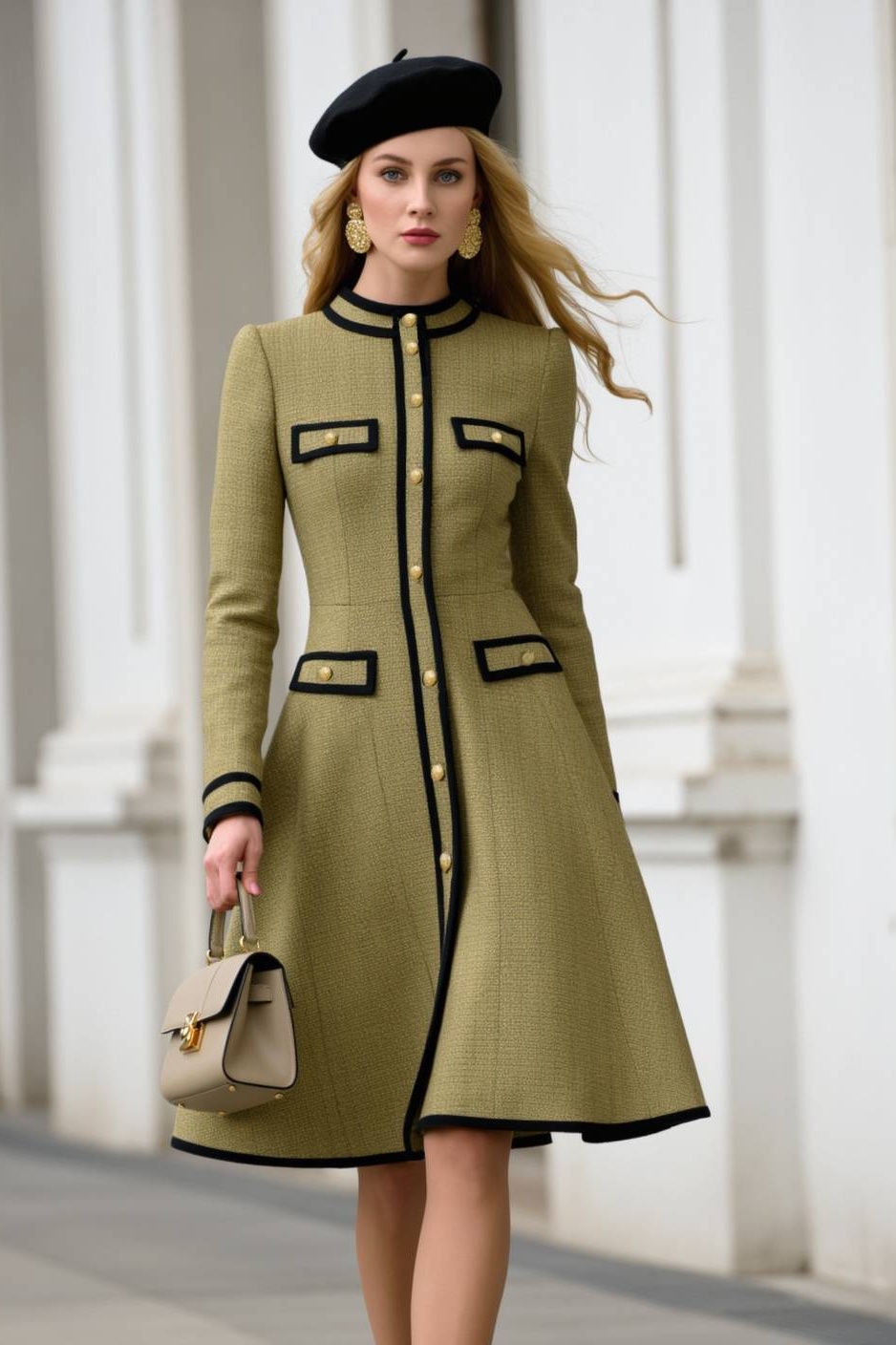 Work A-Line Dress Green Crew Neck Long Sleeve Knee-Length Dress