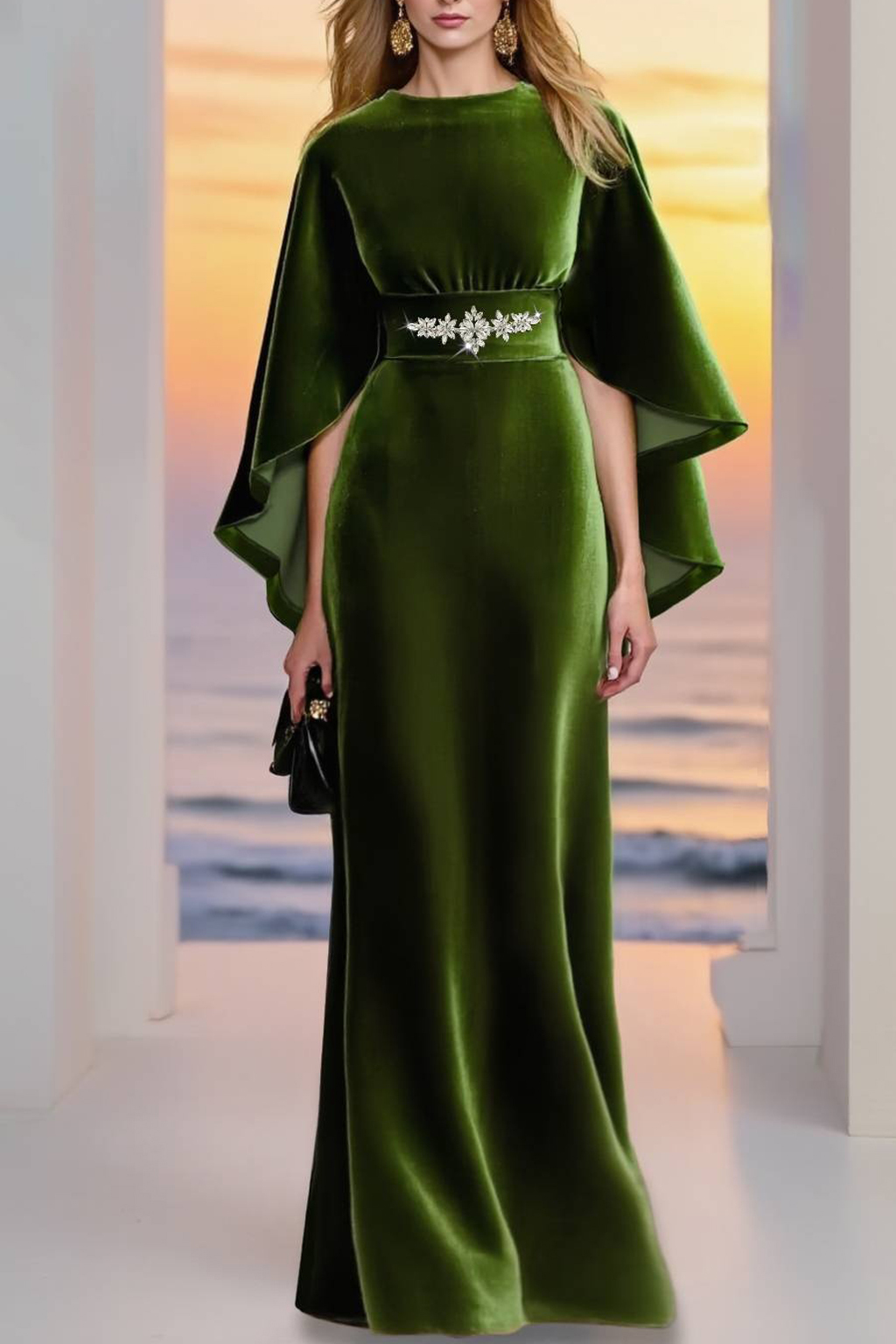 Formal ​Evening Velvet Dress Green Crew Neck Maxi Dress