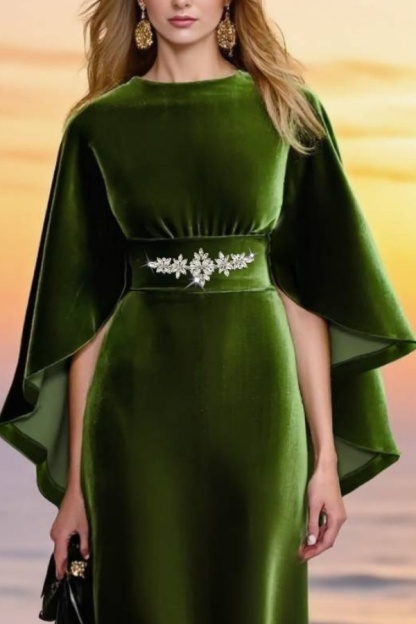 Formal ​Evening Velvet Dress Green Crew Neck  Maxi Dress