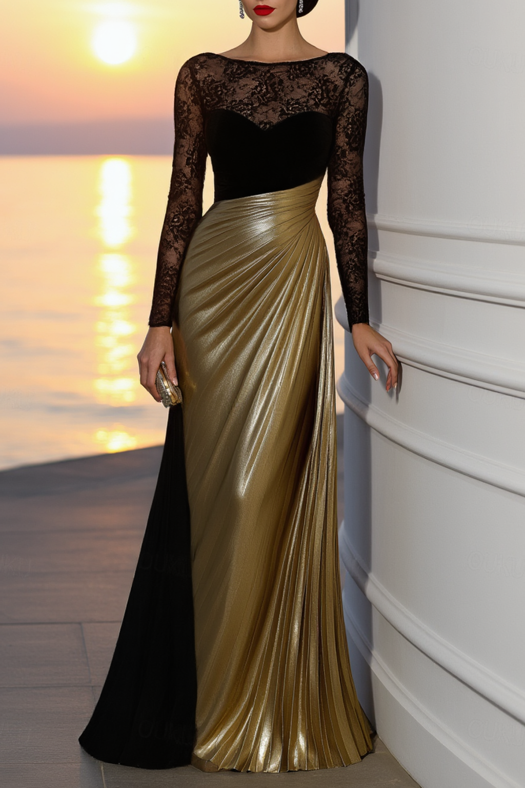 Formal ​Evening Dress Golden Crew Neck Lace Maxi Long Sleeve Dress