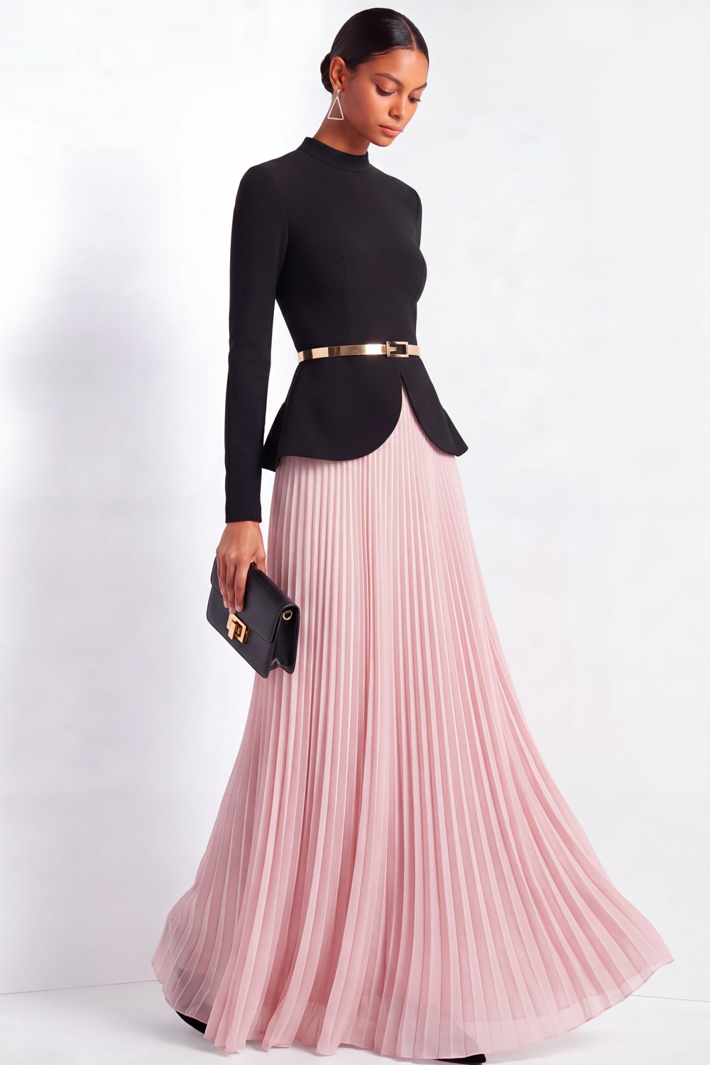 Formal Evening Outfit Set Black Long Sleeve Top & Pink Pleated Skirt