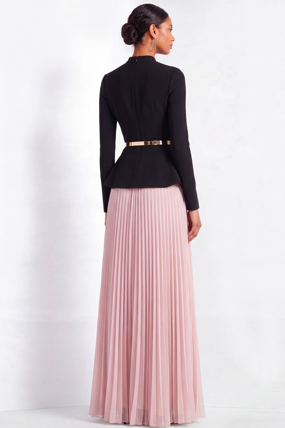 Formal Evening Outfit Set Black Long Sleeve Top & Pink Pleated Skirt