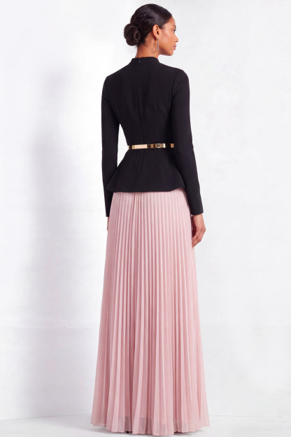 Formal Evening Outfit Set Black Long Sleeve Top & Pink Pleated Skirt