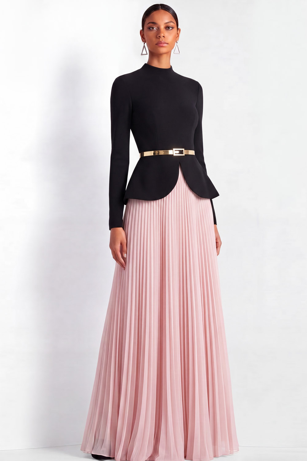 Formal Evening Outfit Set Black Long Sleeve Top & Pink Pleated Skirt