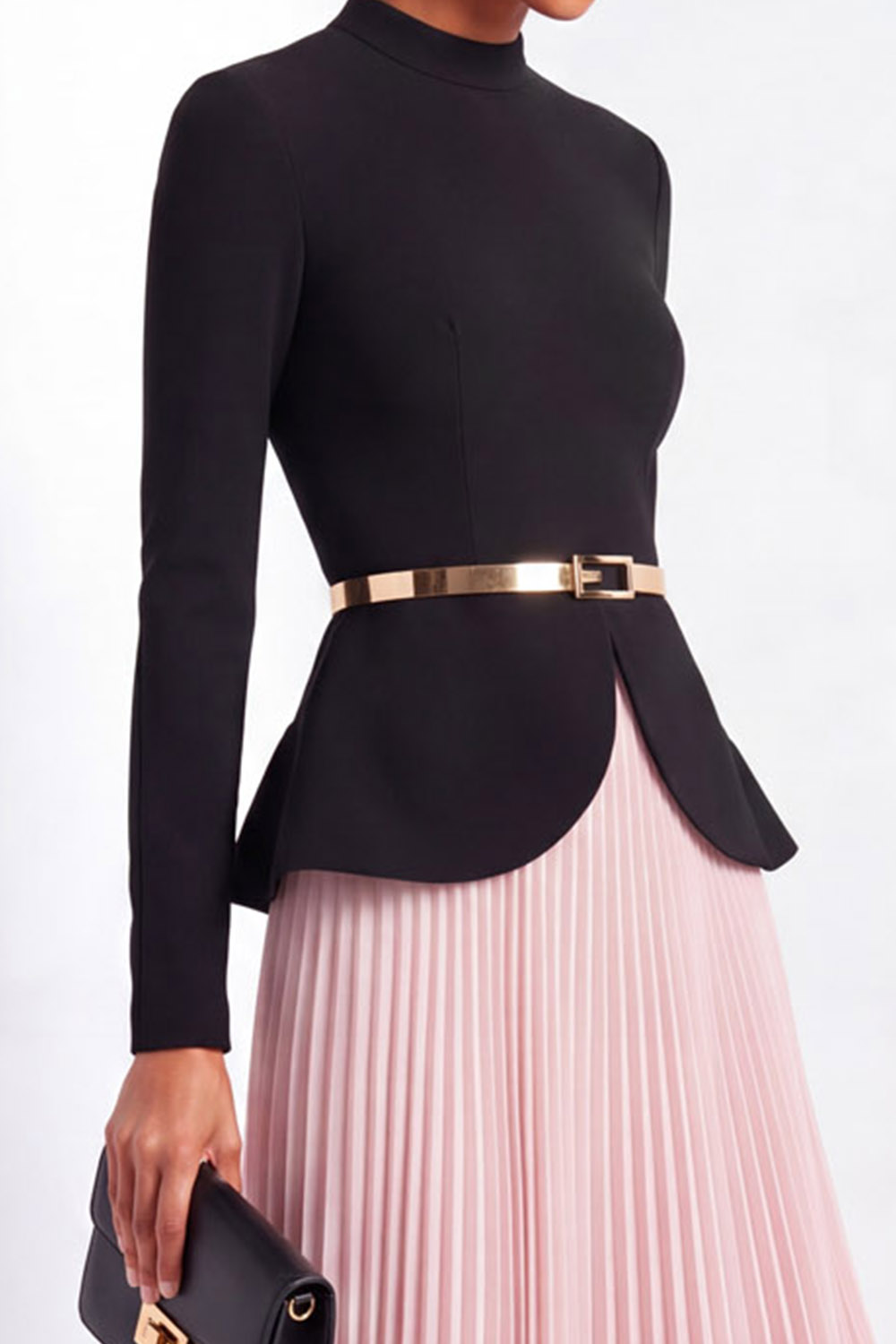 Formal Evening Outfit Set Black Long Sleeve Top & Pink Pleated Skirt