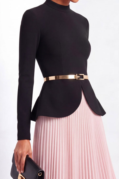 Formal Evening Outfit Set Black Long Sleeve Top & Pink Pleated Skirt