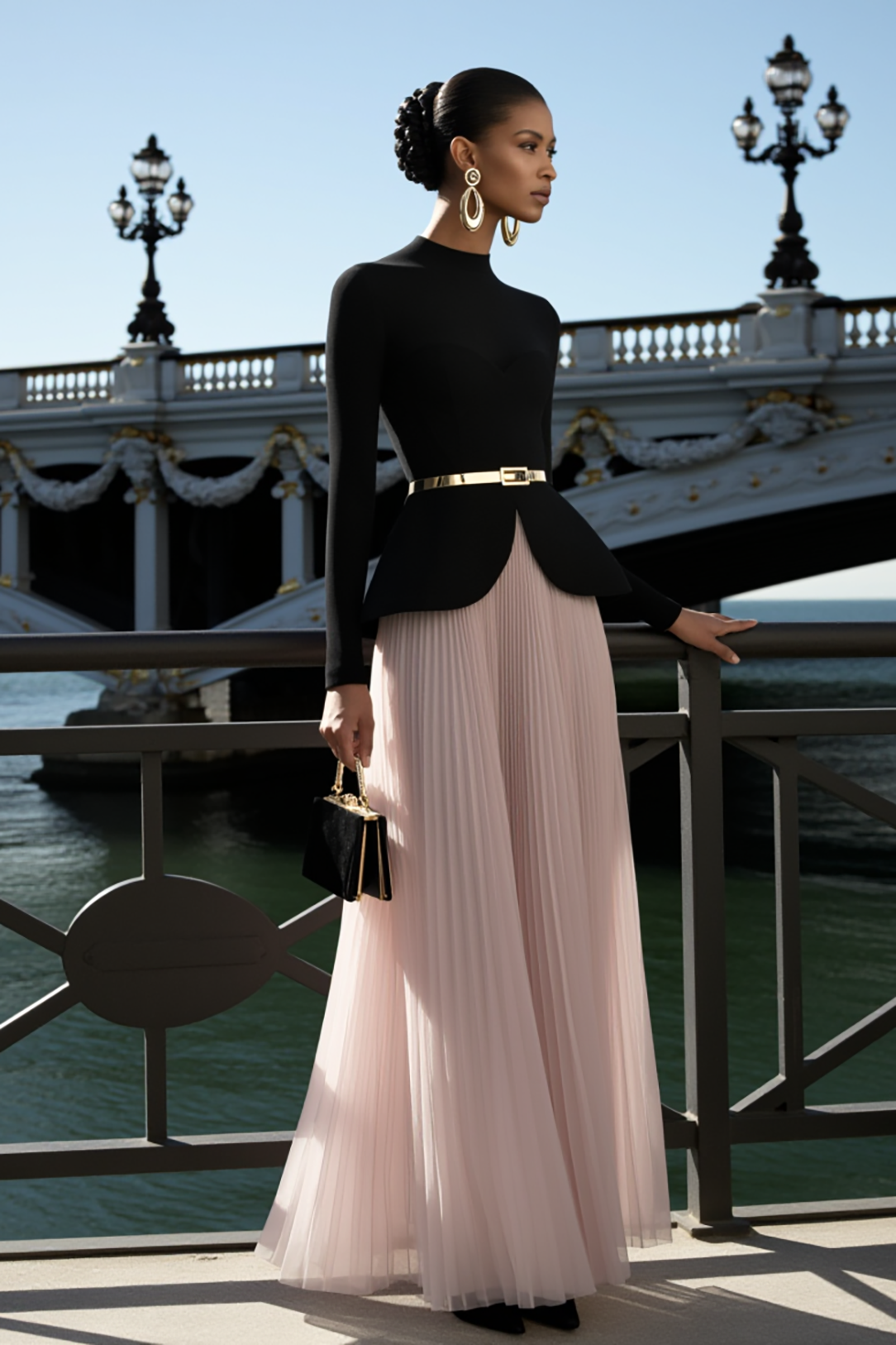 Formal Evening Outfit Set Black Long Sleeve Top & Pink Pleated Skirt