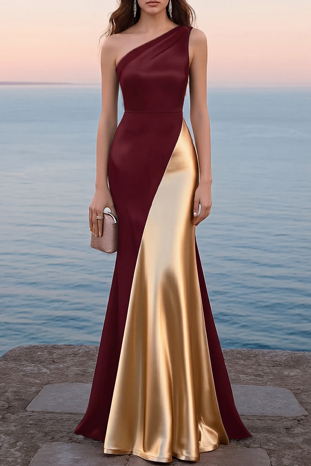 Formal Evening Dress One Shoulder Satin Black Gold Mermaid Maxi Gown   chiclody