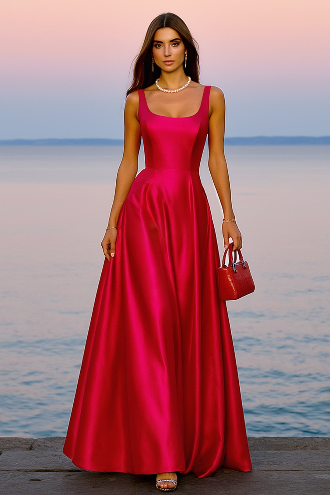 Formal Evening Dress Red Square Neck Wide Strap A-Line Maxi Dress