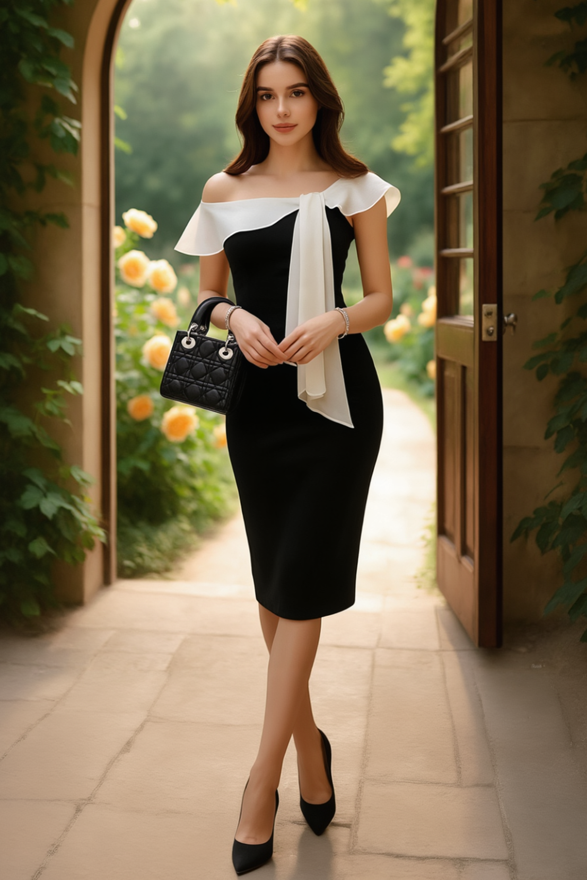Work Dress One Shoulder Black Knee-Length Dress with Tie Collar