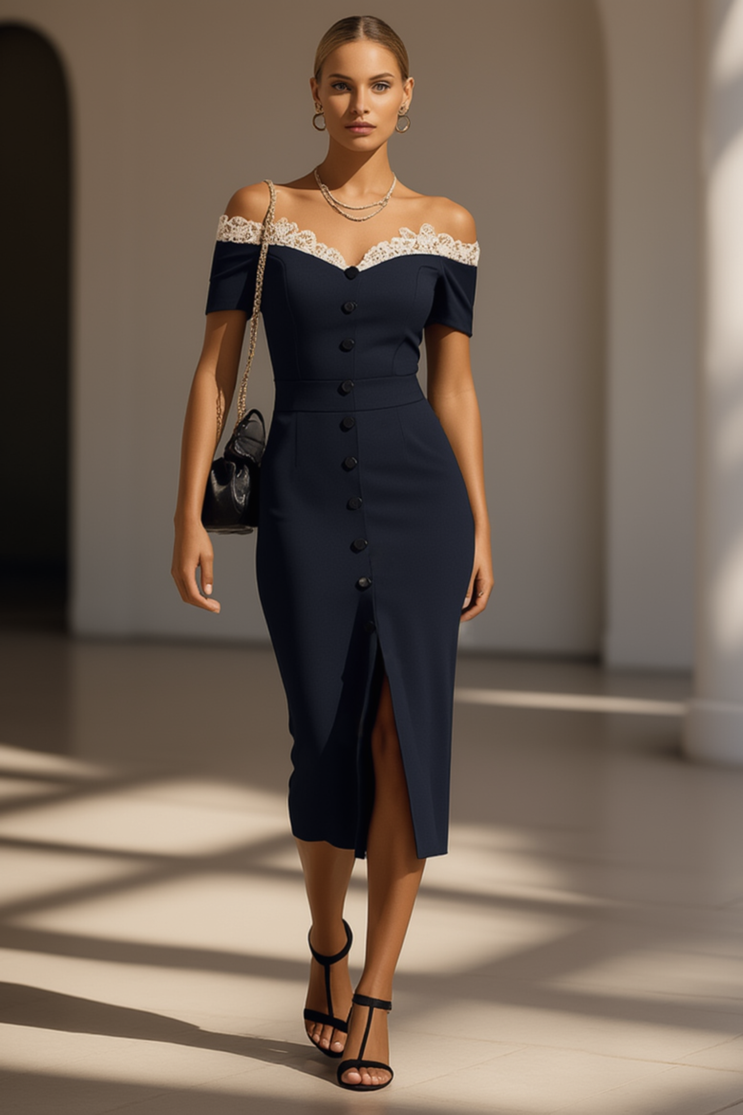 Work Dress Off the Shoulder Navy Lace Trim Buttoned Slit Midi Dress