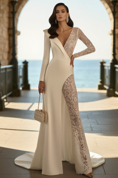 Formal Evening Jumpsuit White Deep V Long Sleeve Lace with Train