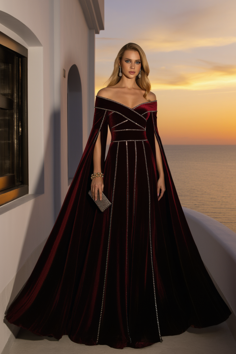 Formal Burgundy Velvet Dress Off The Shoulder Long Sleeve Maxi Gown