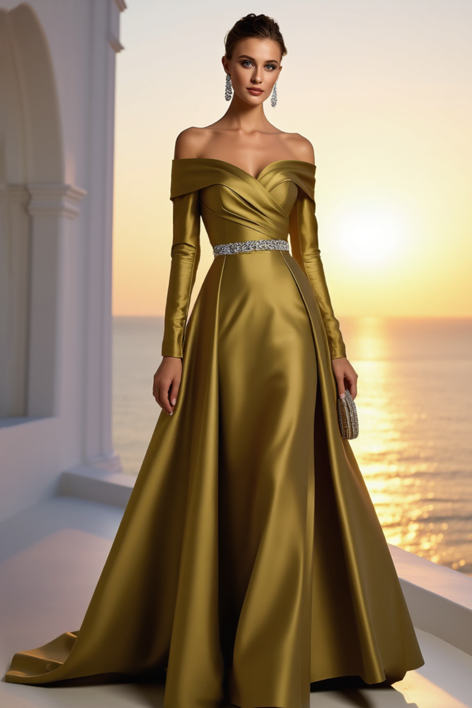 Formal Golden Satin Dress Off The Shoulder Long Sleeve Maxi Gown