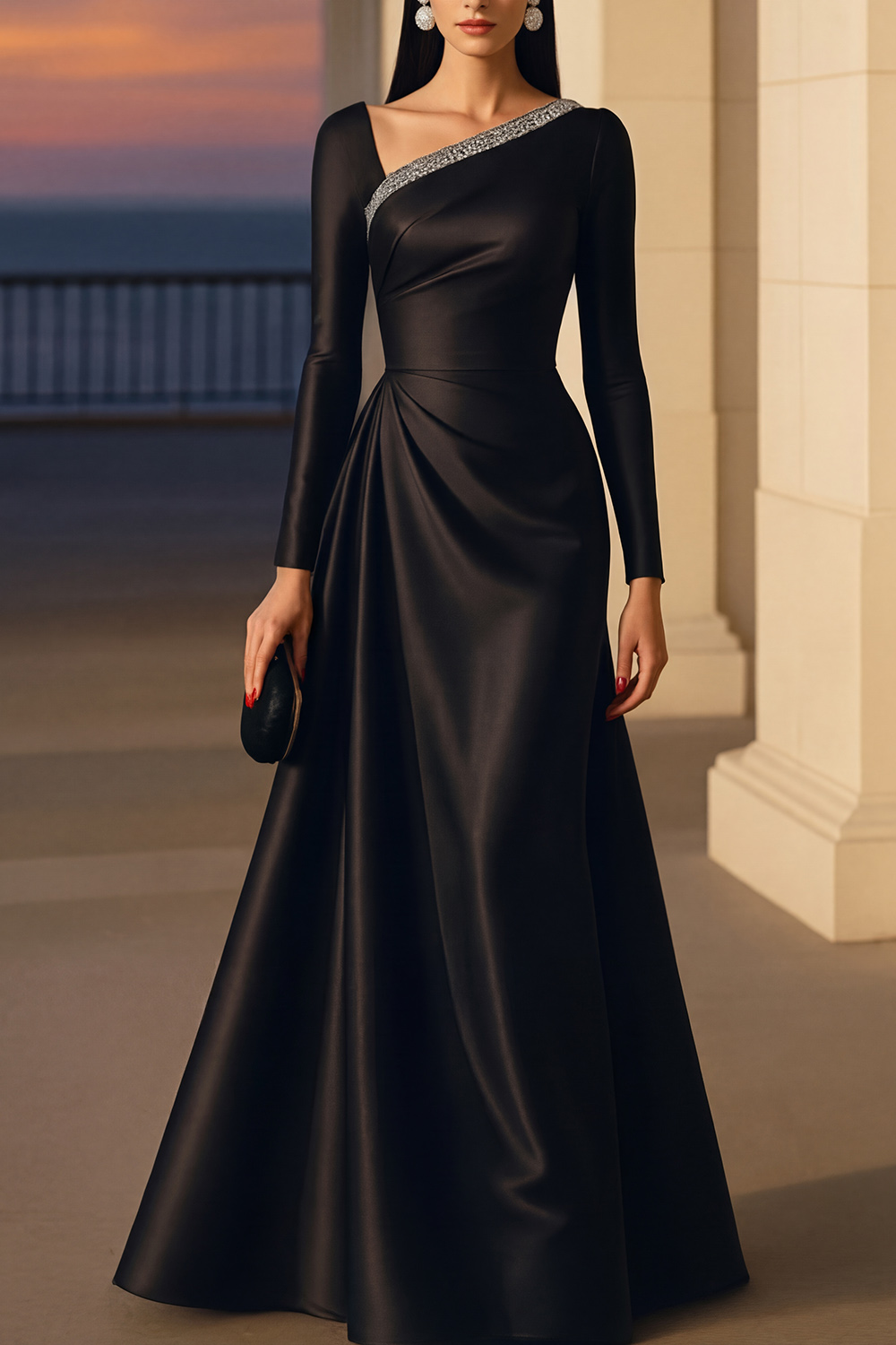 Evening Formal Burgundy Dress Asymmetrical Neck Long Sleeve Maxi Gown