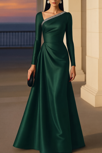 Evening Formal Burgundy Dress Asymmetrical Neck Long Sleeve Maxi Gown