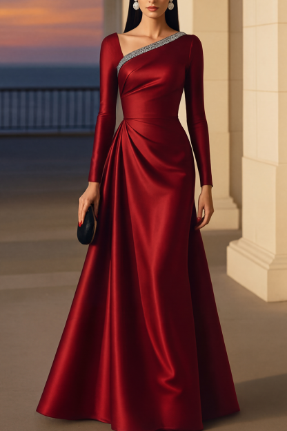 Evening Formal Burgundy Dress Asymmetrical Neck Long Sleeve Maxi Gown
