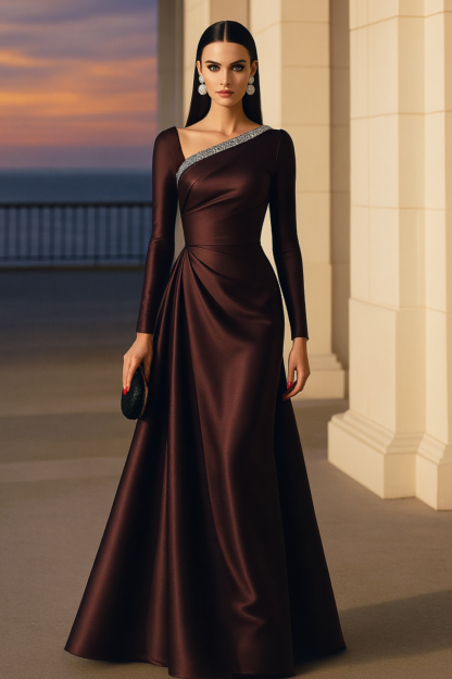 Evening Formal Burgundy Dress Asymmetrical Neck Long Sleeve Maxi Gown
