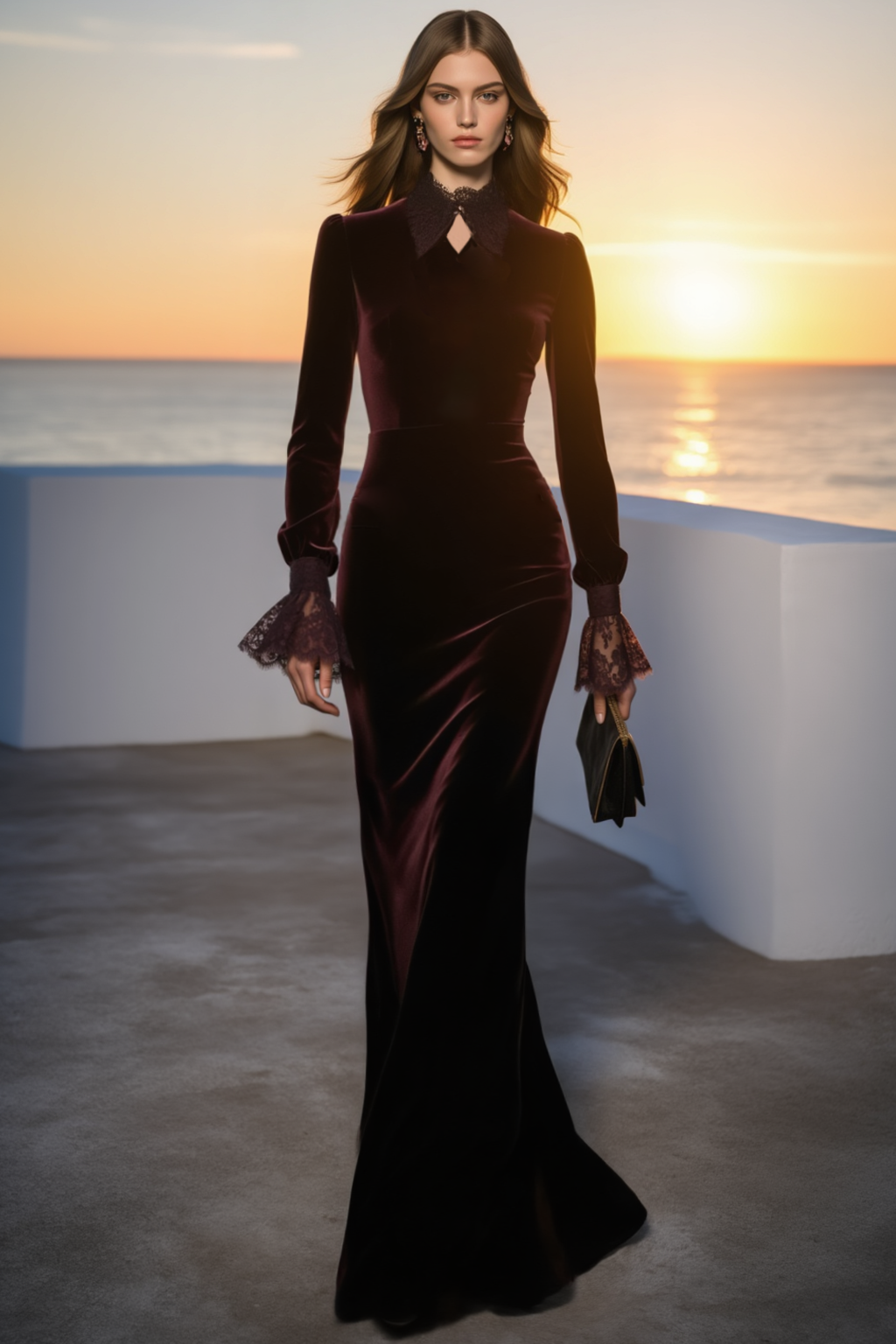Formal Evening Burgundy Velvet Dress Long Sleeve Collared Maxi Gown