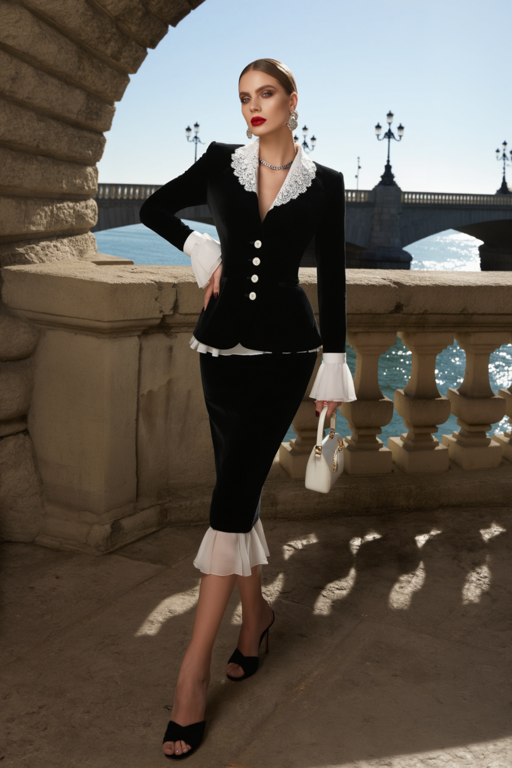 Work Velvet Skirt Set Black V Neck Jacket with Lace Collar Skirt