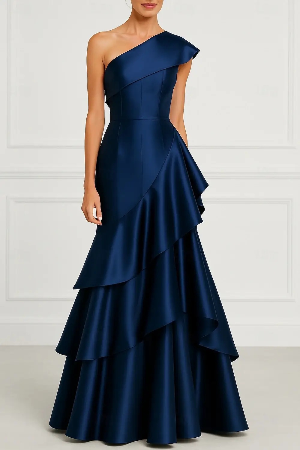 Formal Evening Dress Dark Blue One-Shoulder Satin Tiered Maxi Gown