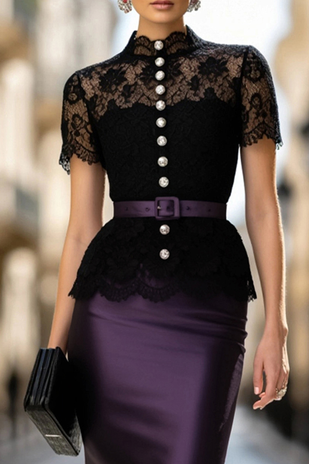 Evening Set Black Lace Belted Top with Purple Mermaid Maxi Skirt-chiclody