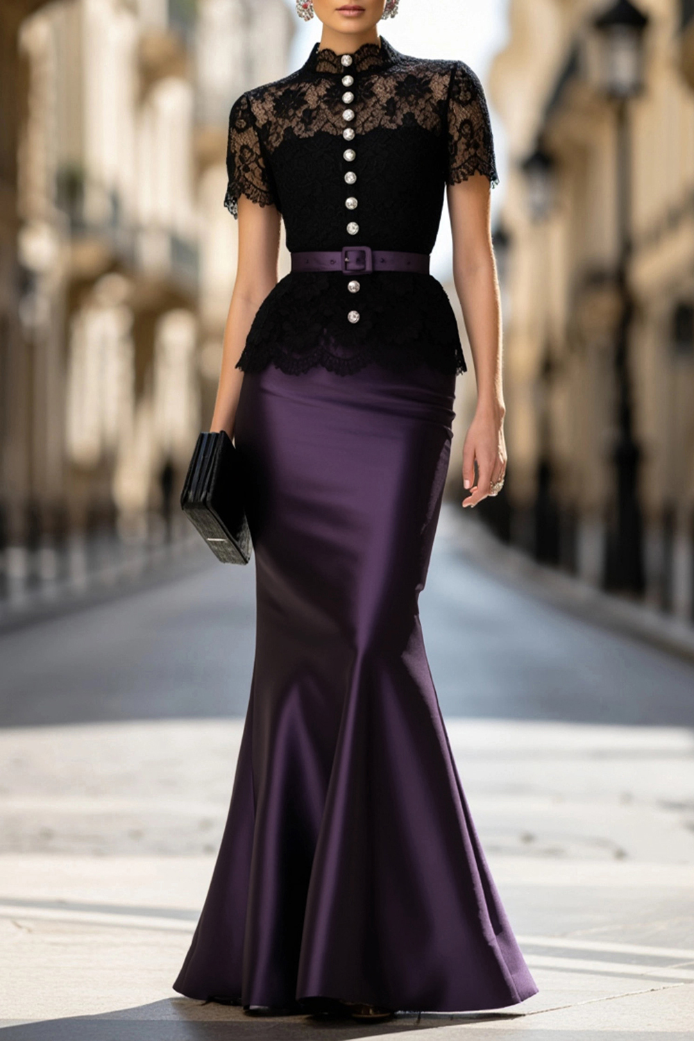 Evening Set Black Lace Belted Top with Purple Mermaid Maxi Skirt