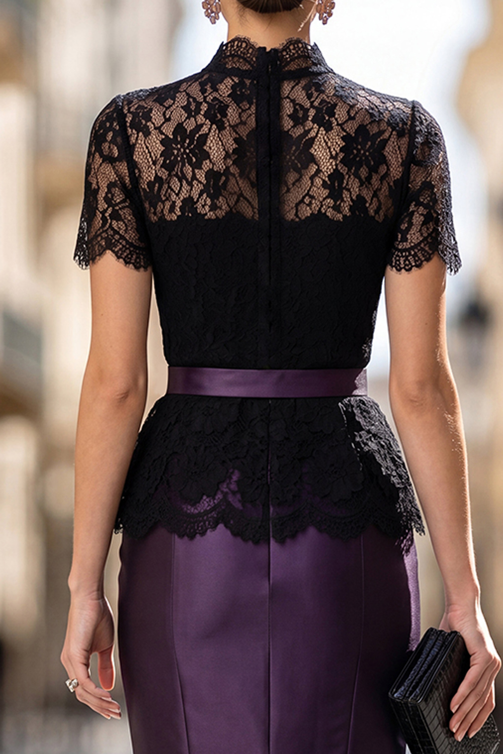 Evening Set Black Lace Belted Top with Purple Mermaid Maxi Skirt-chiclody