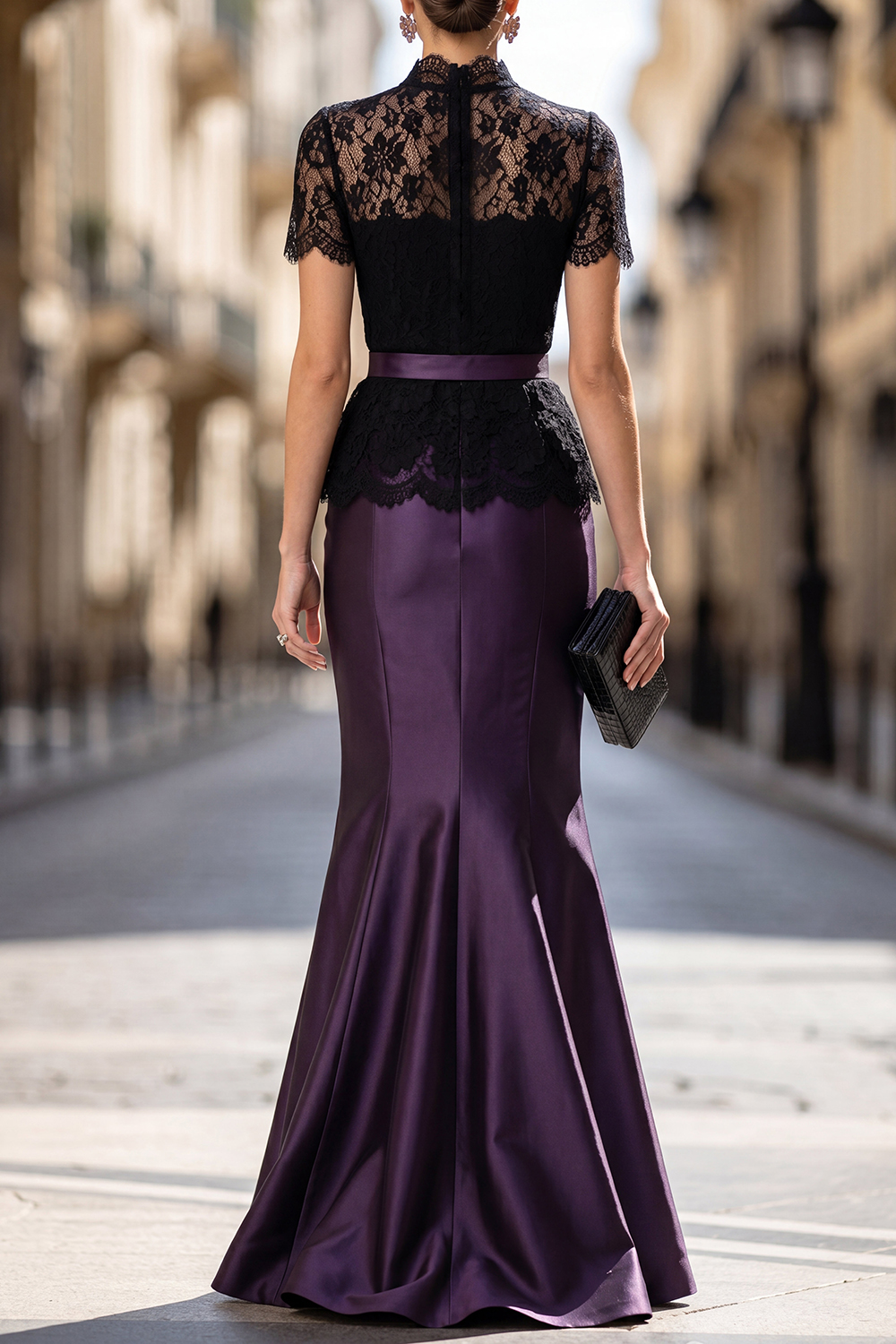 Evening Set Black Lace Belted Top with Purple Mermaid Maxi Skirt