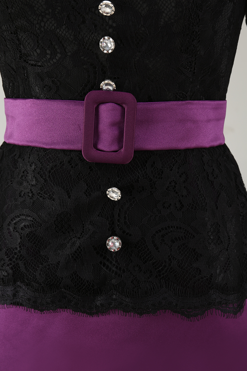 Evening Set Black Lace Belted Top with Purple Mermaid Maxi Skirt