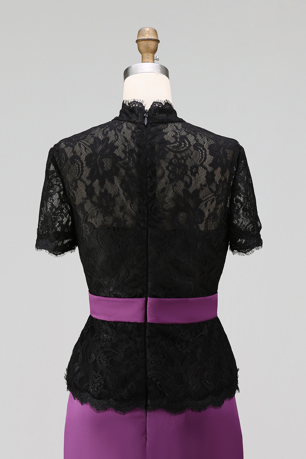 Evening Set Black Lace Belted Top with Purple Mermaid Maxi Skirt
