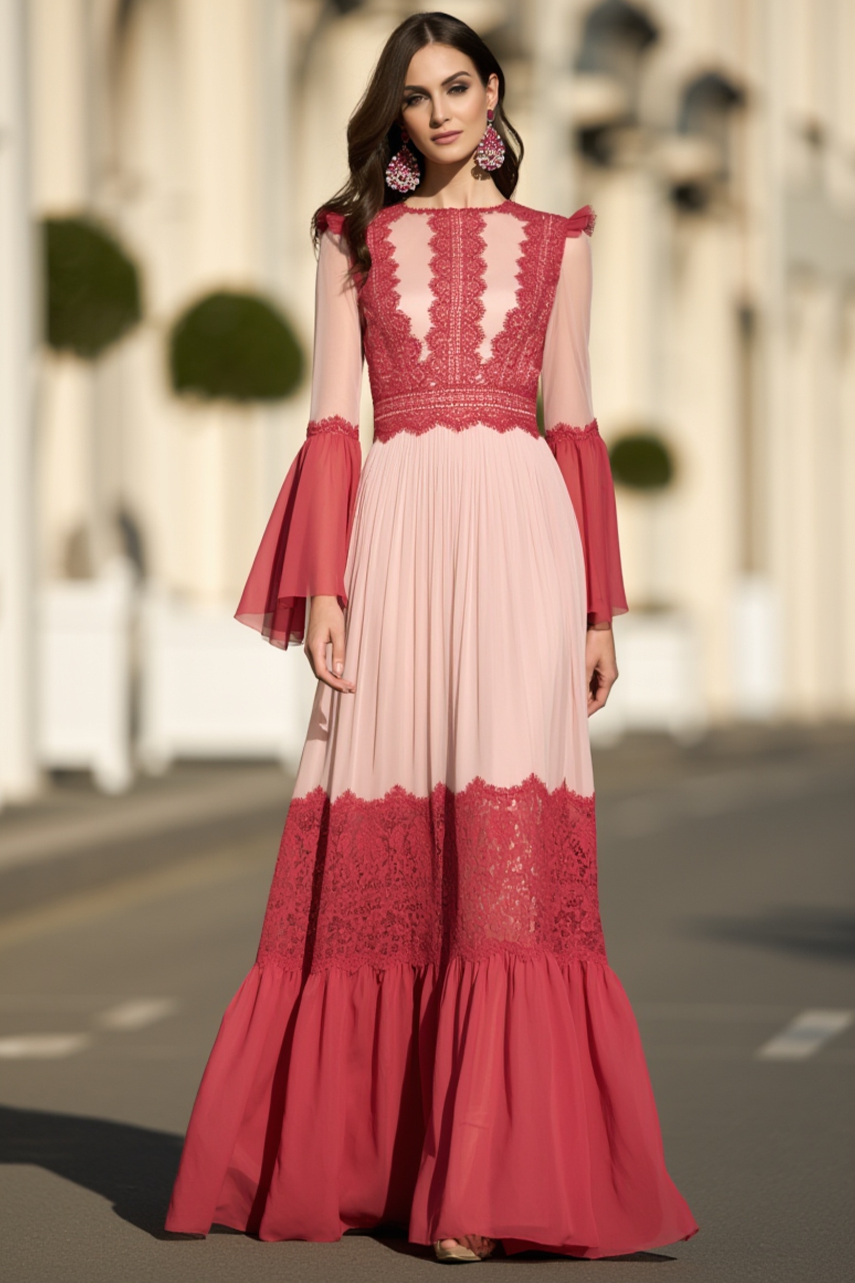 Holiday Pink Dress Lace Chiffon Crew Neck Bell Long Sleeve Maxi Dress