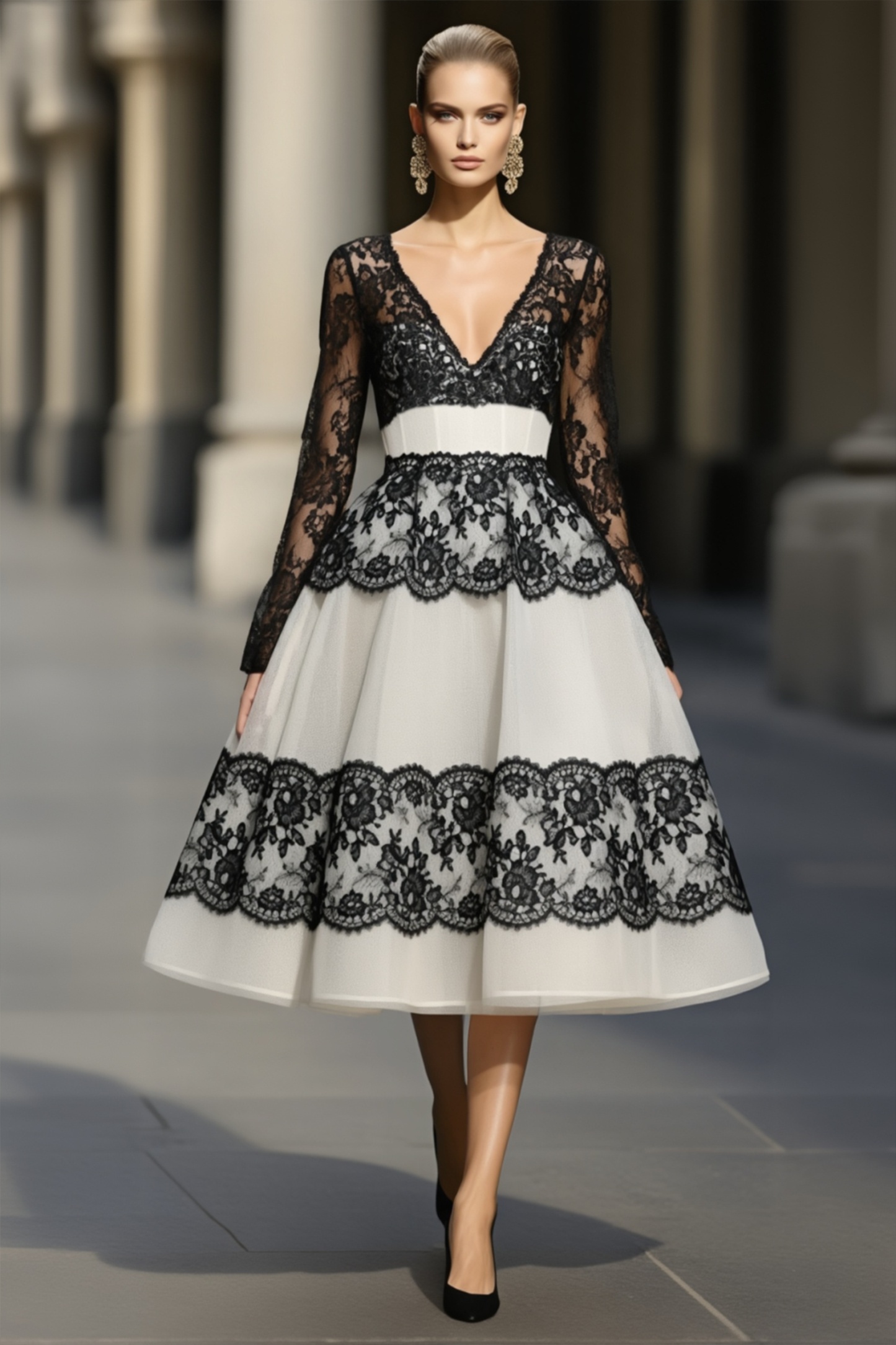 Party Prom Dress Black White Lace Deep V Long Sleeve A-Line Midi Dress