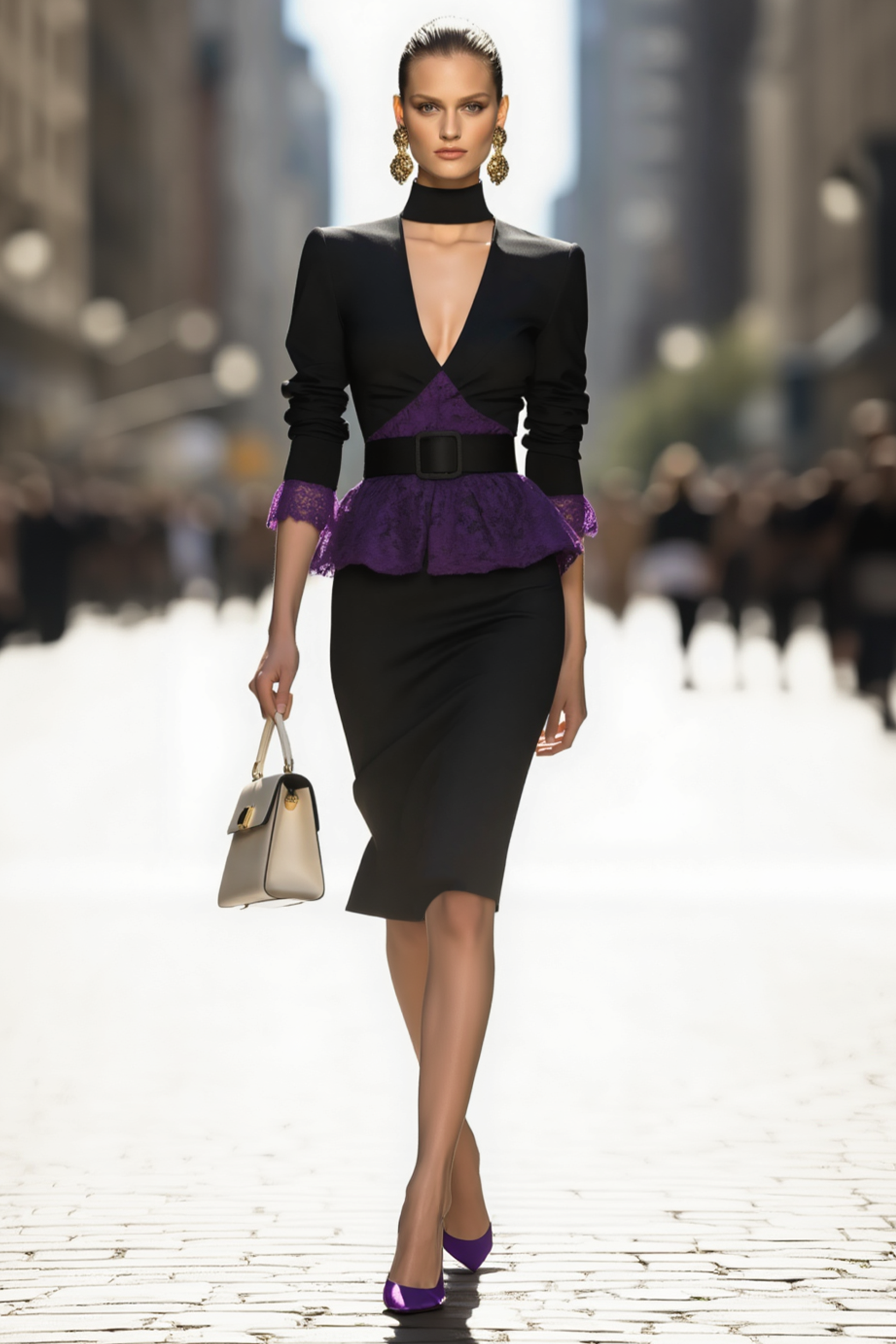 Work Semi-Formal Set Black Deep V with Purple Lace Top Midi Skirt