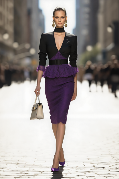 Work Semi-Formal Set Black Deep V Top with Purple Lace Midi Skirt