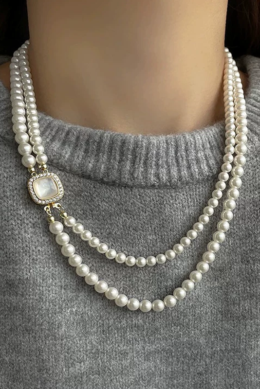 Double Layered Rice-shaped Pearl Necklace with Sea Fritillary buckle