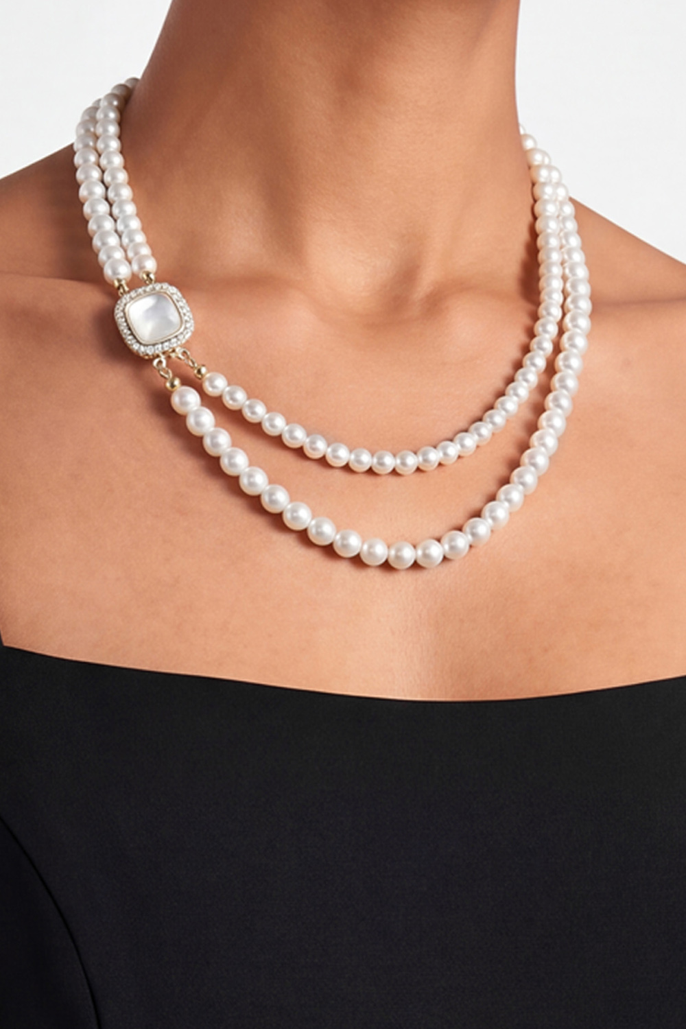 Double Layered Rice-shaped Pearl Necklace with Sea Fritillary buckle