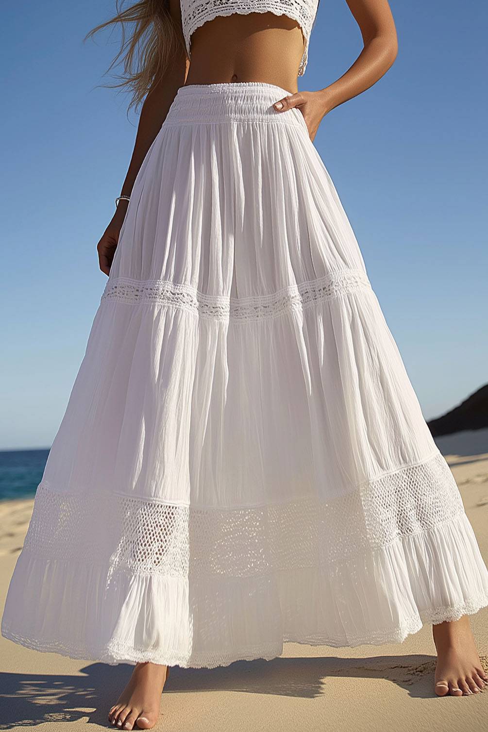 Casual Daily Skirt White Elastic Waist Long Skirt
