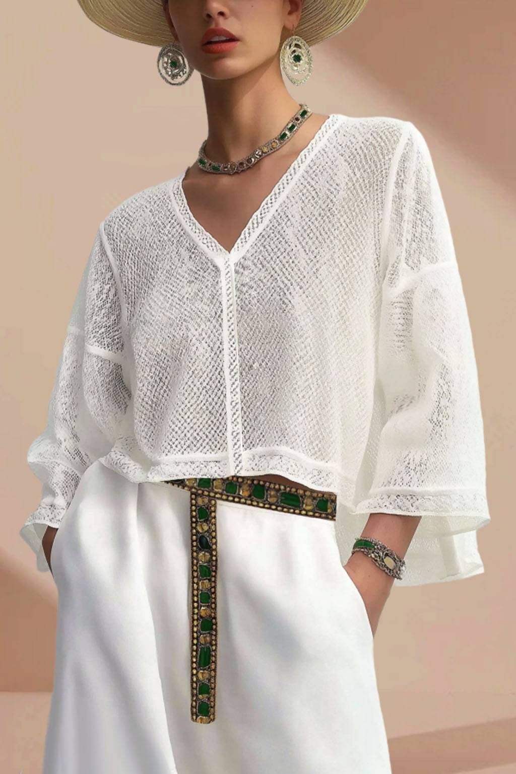 Bohemian Vacation Top White V-neck Long Sleeve Breathable Short Top