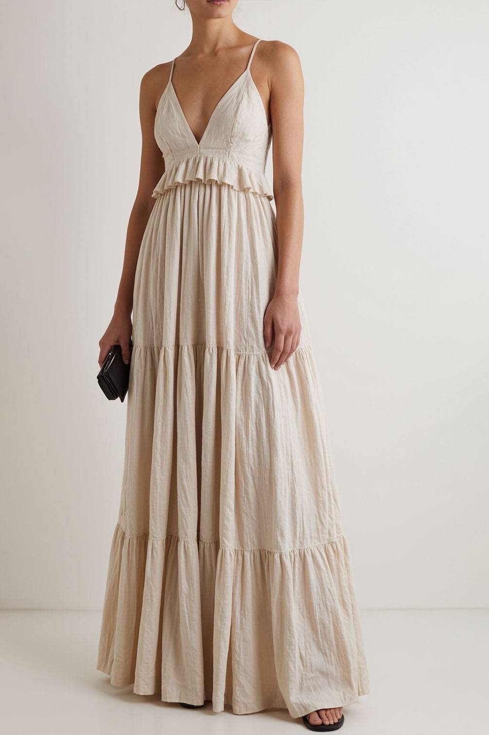 Vacation Spaghetti Strap Dress Beige V-Neck Ruffled Floor-Length Dress