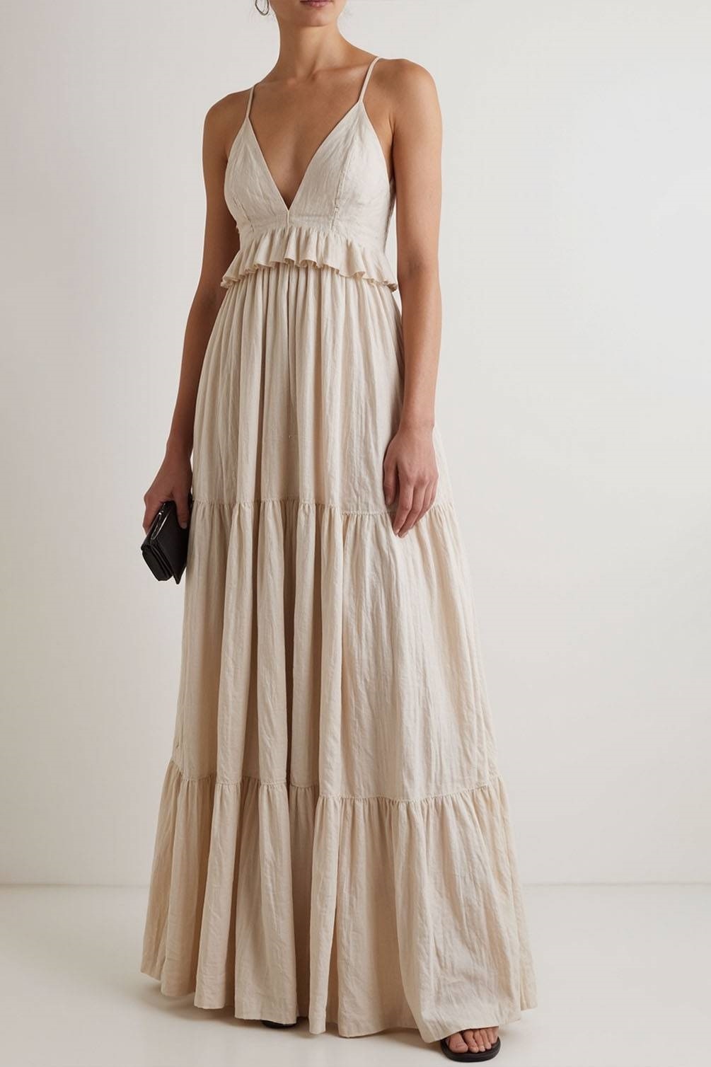 Vacation Spaghetti Strap Dress Beige V-Neck Ruffled Floor-Length Dress
