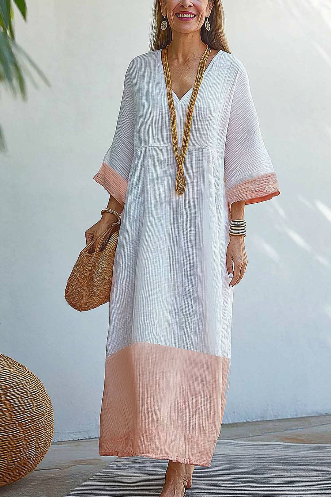 Bohemian Casual Dress Linen Colorblock V-Neck Maxi Dress