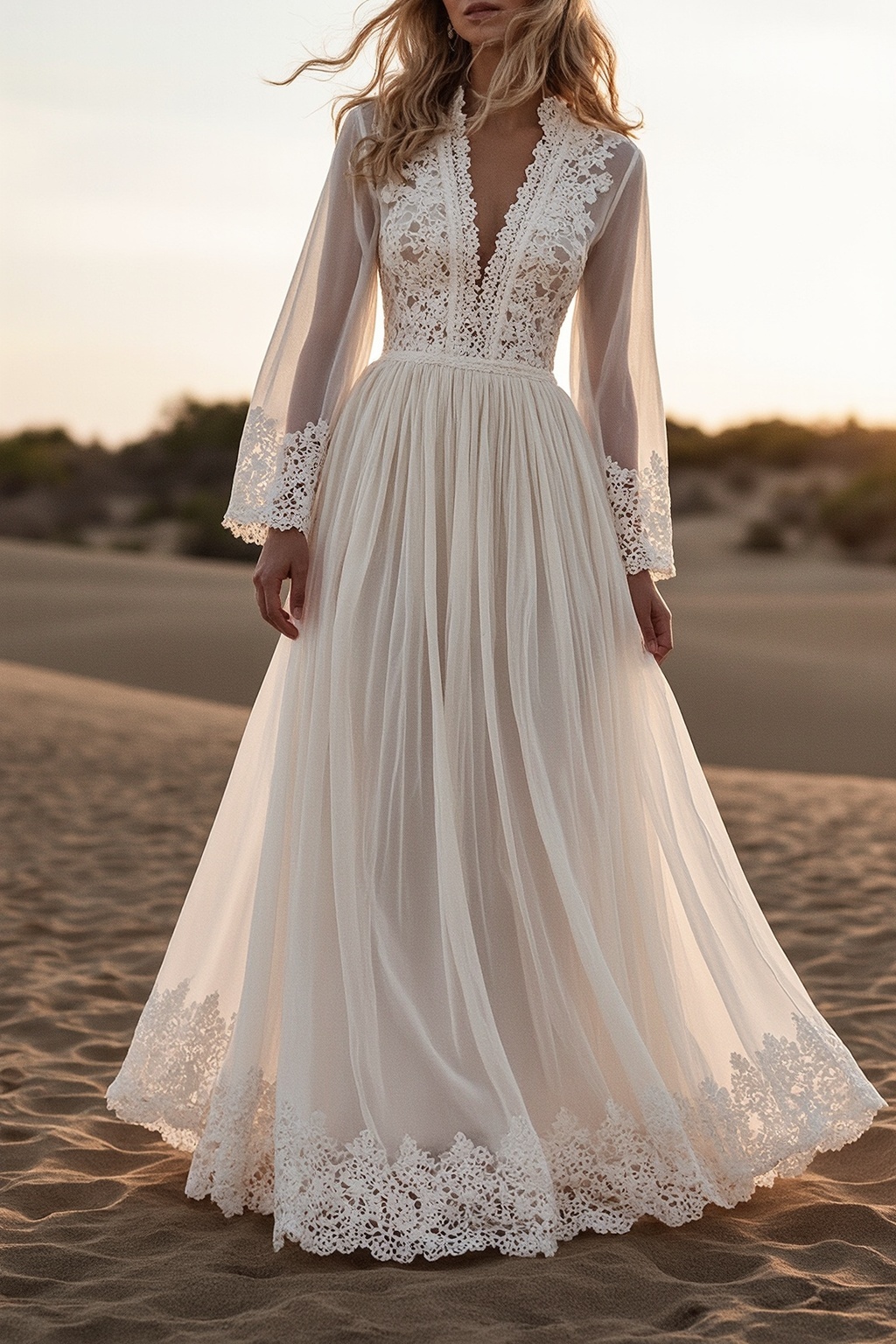 Bohemian Lace Dress White Deep V Floor-Length Dress