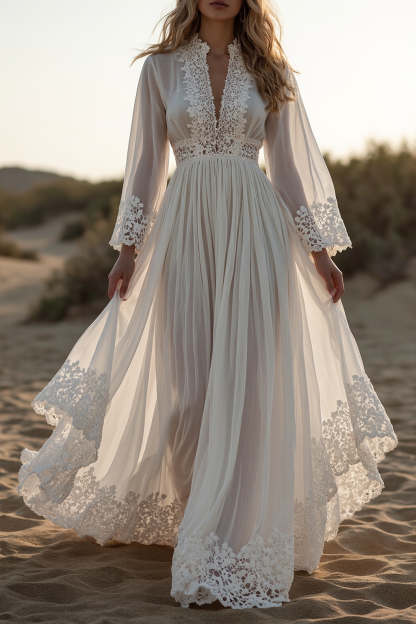 Vacation Lace Dress White Deep V Floor-Length Dress