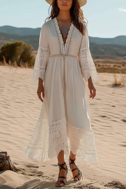 Casual Vacation Dress White Lace Deep V Tie Midi Dress
