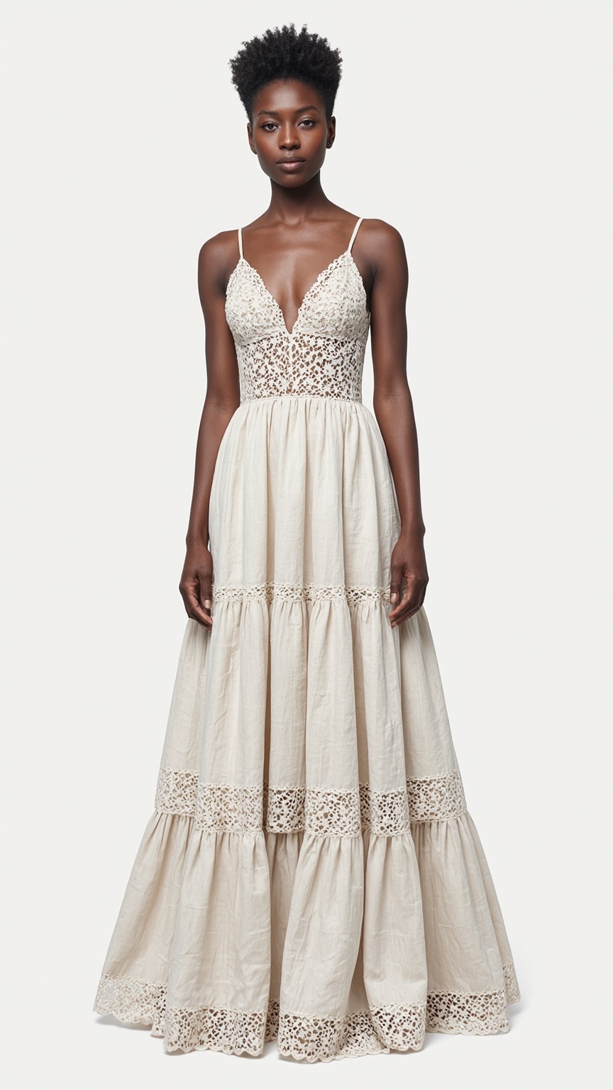 Bohemian Strap Dress Beige Lace V-Neck Linen Maxi Dress