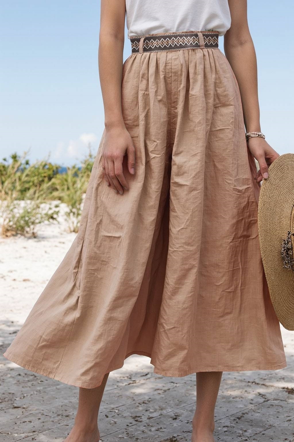 Casual Daily Linen Skirt Light Khaki with Belt Midi Skirt