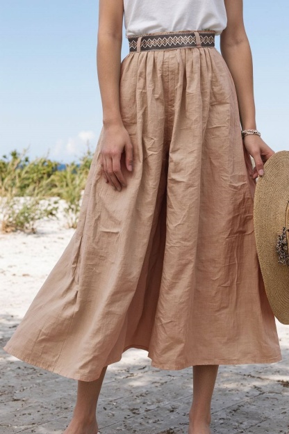 Casual Daily Linen Skirt Light Khaki with Belt Midi Skirt